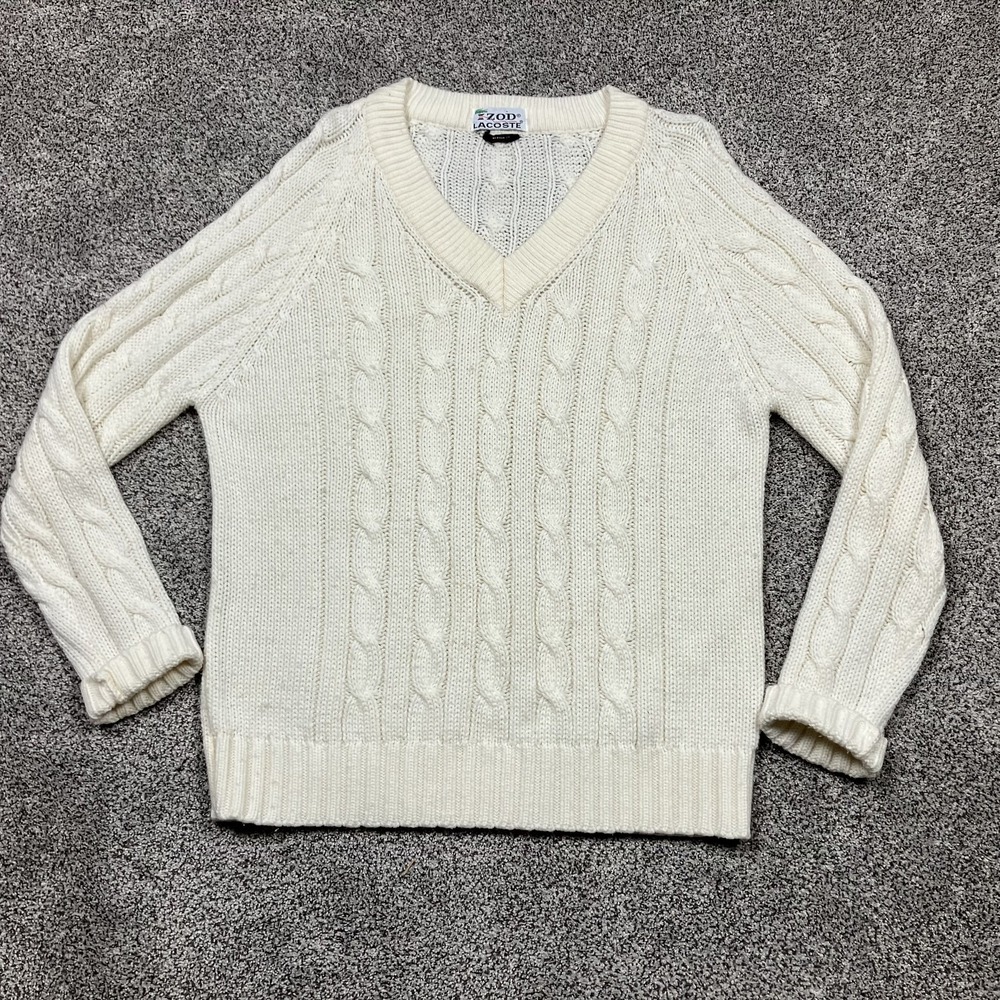Vintage Izod Lacoste Sweater Adult Large White Cable Knit Pullover V Neck‎ 80s